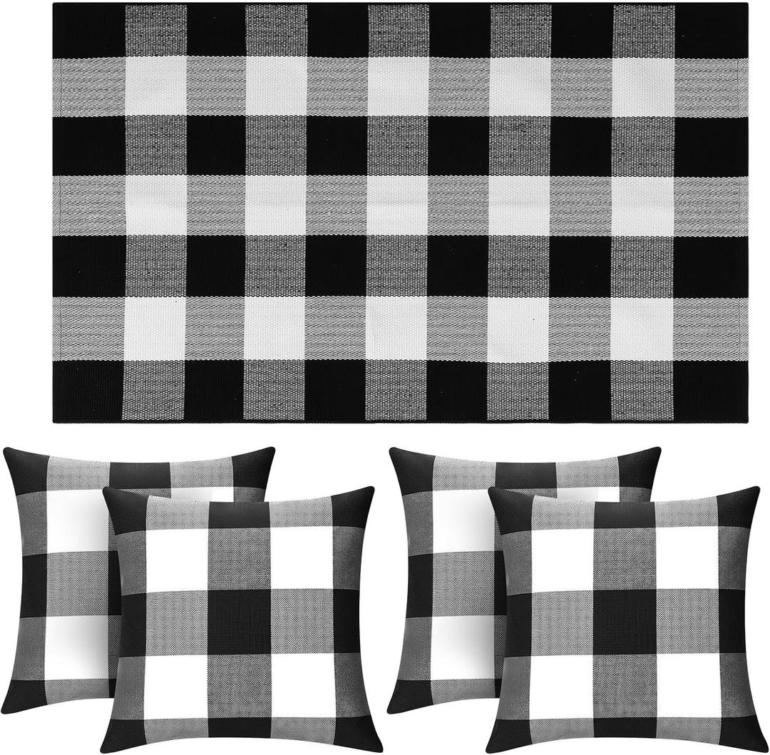 5 Pcs Outdoor Buffalo Plaid Decoration Set 4 Pcs 18x18 Buffalo Check Chair Pillow Covers 1 Cotton Plaid Door Rug for Door Front Porch Farmhouse Bedroom Decoration(Black and White)