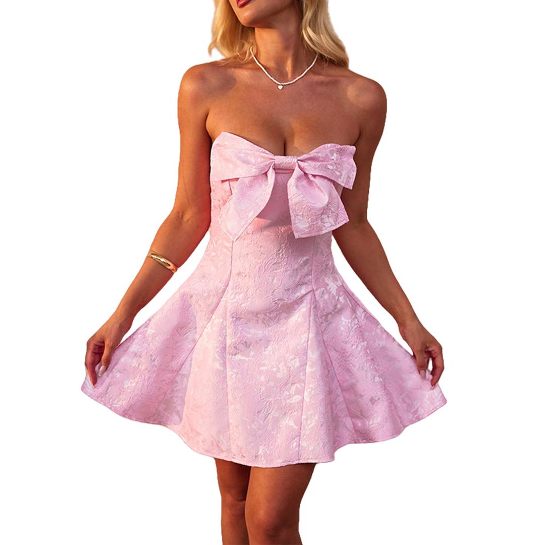 Amamcy Women's Sexy Strapless Bowknot Mini Dress Elegant Bow Flare Formal Dress Off Shoulder Wedding Dress for Women (Pink, S)
