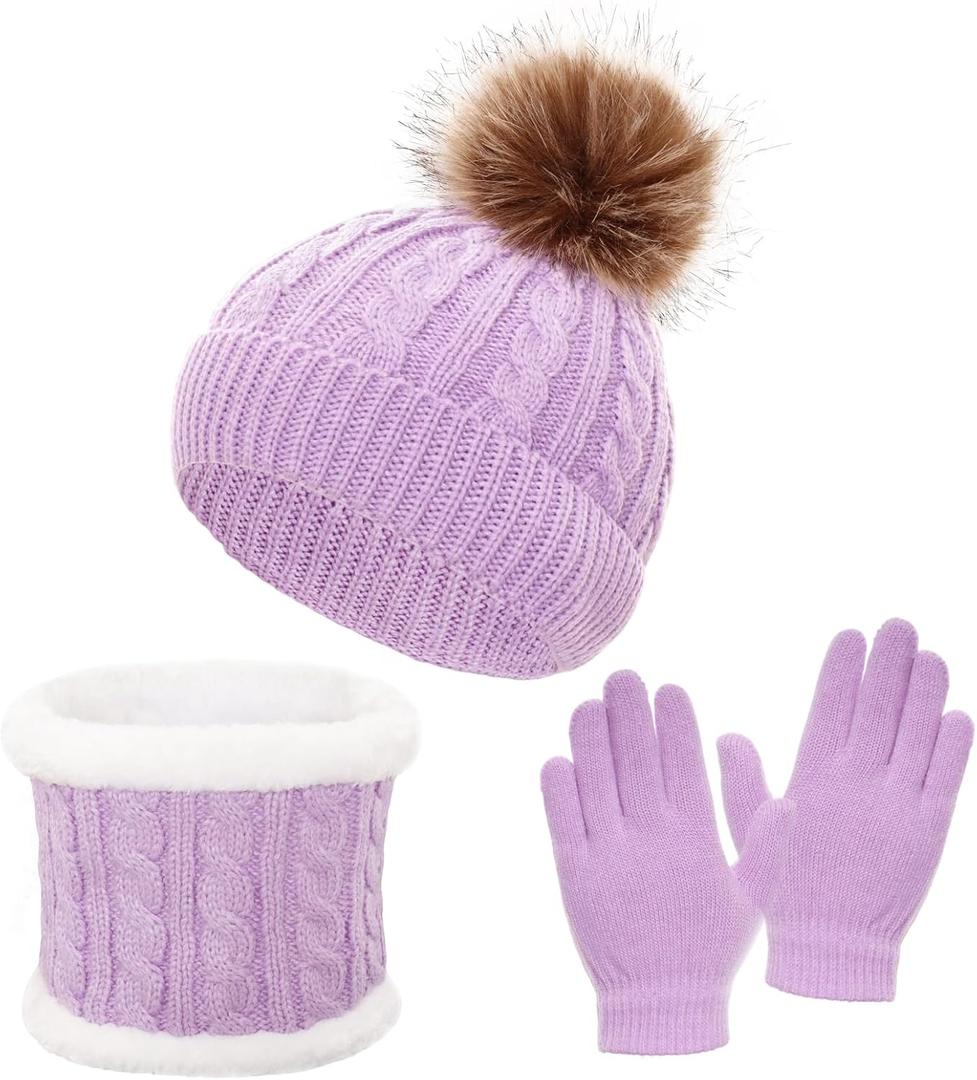Heliltd 3pcs Kids Winter Hat Scarf Gloves Set Warm Knit Beanies with Pom Pom Soft Neck Warmer Mittens for Boys Girls Age 310