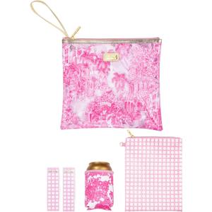 Lilly Pulitzer Water Resistant Vinyl Beach Day Pouch, Zipper Bag Includes Drink Hugger, Small Pouch, and Towel Clips (Palm Beach Toile)