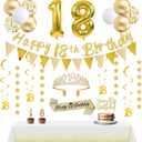25Pcs 18th Birthday Decorations for Girls with 18th Birthday Banners,Tiara and Sash,Hanging Swirls,Star Garland, Table Cloth,Cake Toper and Candles,Balloons Gold White