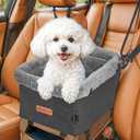 BurgeonNest Armrest Medium Sized Dog Car Seat - Portable Pet Booster Center Console Carseat Up to 15lbs, Safe Comfort Car Travel with Metal Frame, Pee Pad, Washable Fluffy Cushion and Interior, Grey