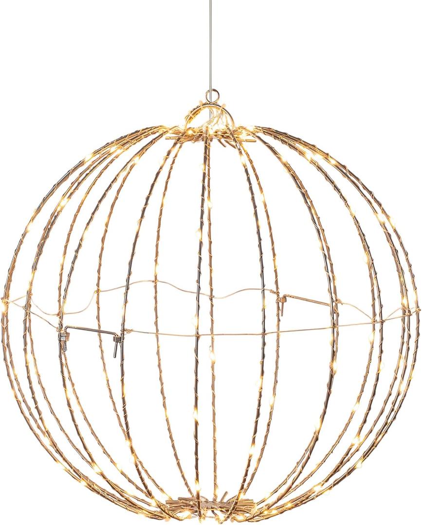 Alpine Corporation 16" H Indoor/Outdoor Foldable Metal Hanging Ornament with Warm White LED Lights, Christmas Decoration