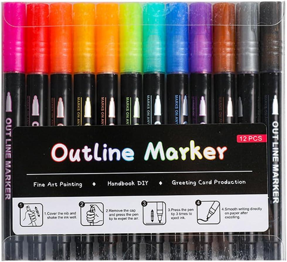 12/24/36/48 Colors Glitter Outline Markers - Shimmer Outline Pens for Card Making, Art Drawing, DIY Crafts, Christmas Greeting Cards & Gifts (12 Colors)