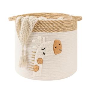 Large Blanket Baskets for Living Room Decor, Toy Storage Baskets Woven Cotton Rope Storage Basket for Kids, Dog Toys Organizer Clothes Hamper with Embroidery Decor for Nursery Laundry (Large, Giraffe)