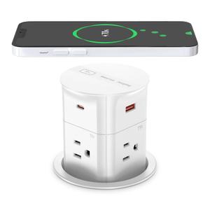 ANNQUAN 3.15" Pop Up Countertop Outlet with 15W Wireless Charger,Max 20W Power Delivery,800J Surge Protection,Pop Up Electrical Outlet with 4 Outlets 4 USB Ports for Home Office(ETL Listed) (6ft Cord, White)
