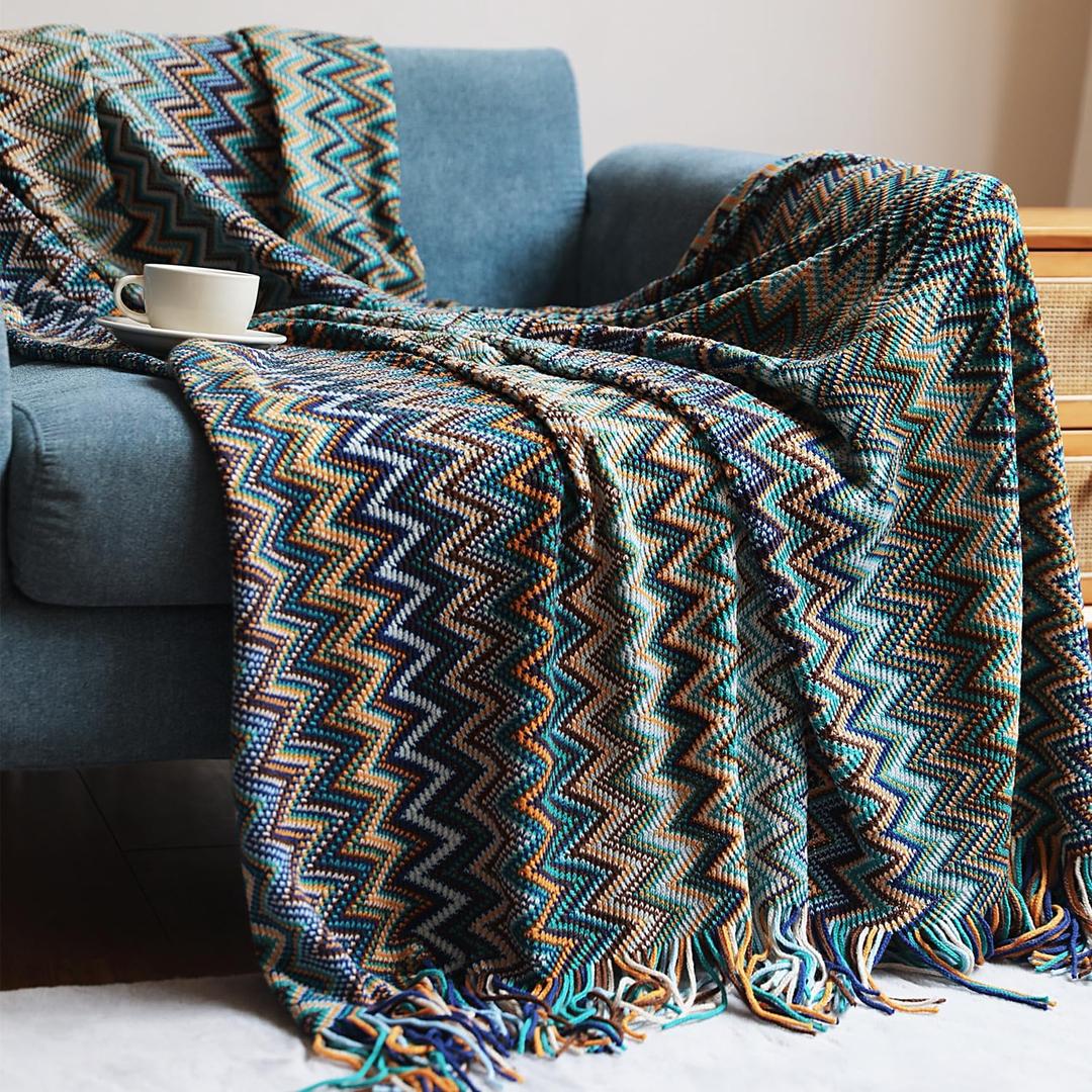 Boho Bohemian Throw Blanket for Couch Sofa Bed, Soft Cozy Lightweight Boho Blankets Knitted with Tassel, Decorative Blanket All Season 50x60 inches (Blue)