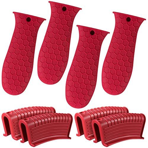 Patelai 8 Pcs Silicone Pot Holders Set Cast Iron Handle Cover Heat Resistant Pot Handle Covers Potholder Non Slip Reusable Pan Sleeve for Frying Pan Kitchen Supplies(Red)
