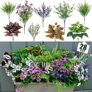 28 Bundles Fake Plants Outdoor Spring Summer Decor Artificial Greenery Faux Plastic Flower Plants for Garden Porch Planter Window Box Hanging Baskets Decor (Purple & White)