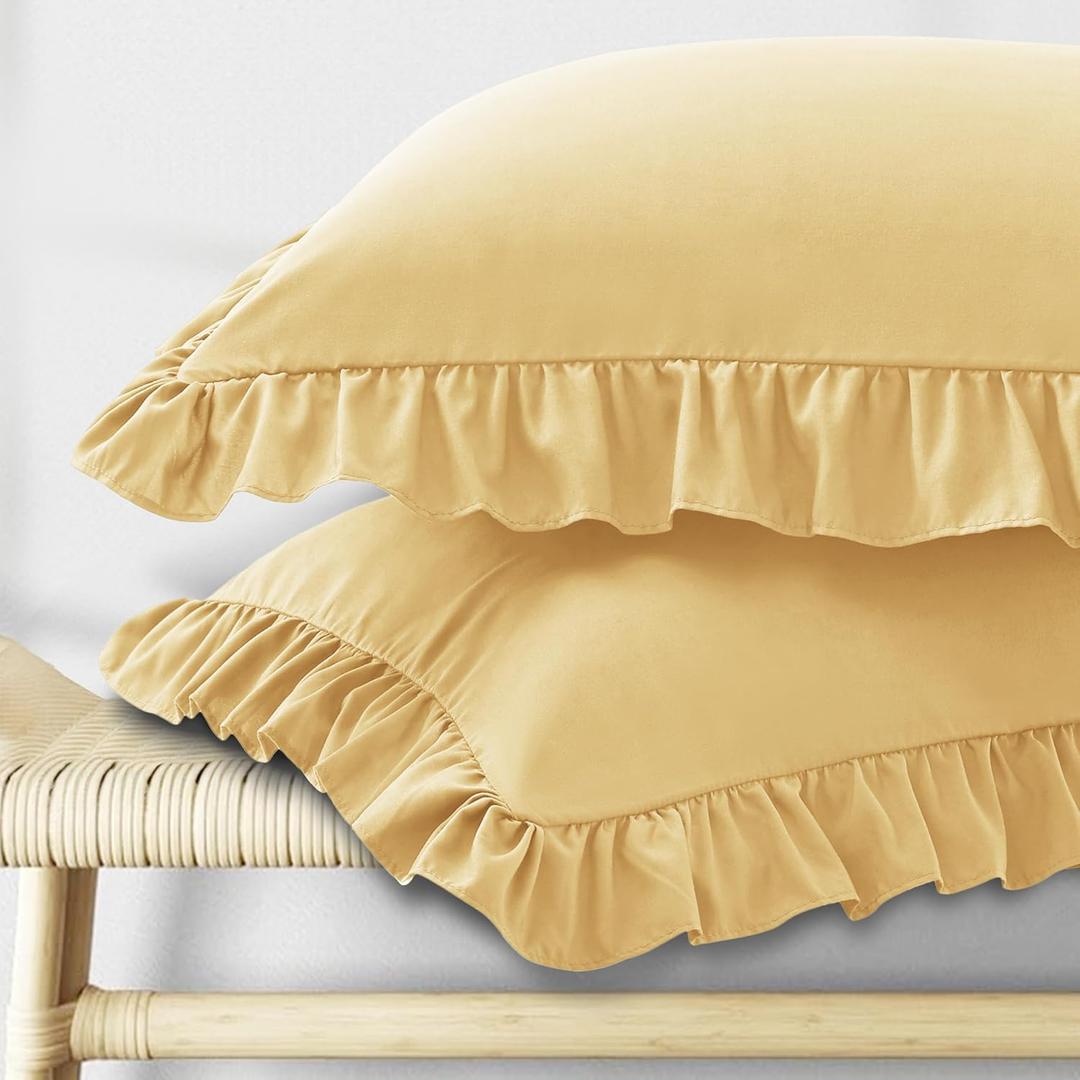 KKJIAF Ruffle Pillow Cases Standard Size Set of 2, Ruffled Pillow Covers with Envelope Closure, Wrinkle Resistant Ruffled Pillow Shams 20" x 26", Gold