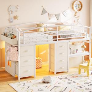 Low Loft Bed Twin Size with 7 Storage Drawers, Desk and LED Lights, Heavy Duty Metal Kids Loft Bed with 13.8" H Safety Guardrail, Anti-Collision Pad, Private Play Curtain, Under-Bed Play Space - Beige
