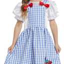 Kids Girls Wizard Costume Fancy Dress Plaid Print Puff Sleeves Gingham Dress (7-8 Years)