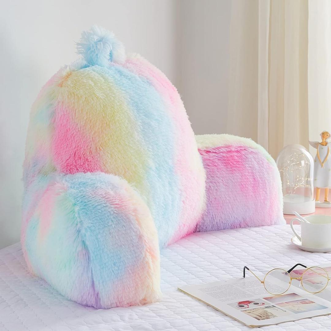 Jillche Bed Fluffy Fur Reading Pillow for Adults & Kids Unisize, Stylish College Essentials for Girl, Fuzzy Back Pillow for Sitting in Bed, Adorable Gift for Teens, Bed Rest Sit Up Arm Support Pillow