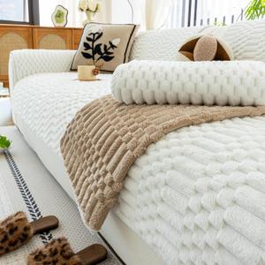 JPGGD Plush Warm Sofa Covers Washable, Funny Fuzzy Couch Cover for Dogs Washable, Non-slip Couch Covers for Sectional Sofas, Soft Sofa Slipcover for Pet & Kid(1PC, Beige White, 36"×83", Single Seater)