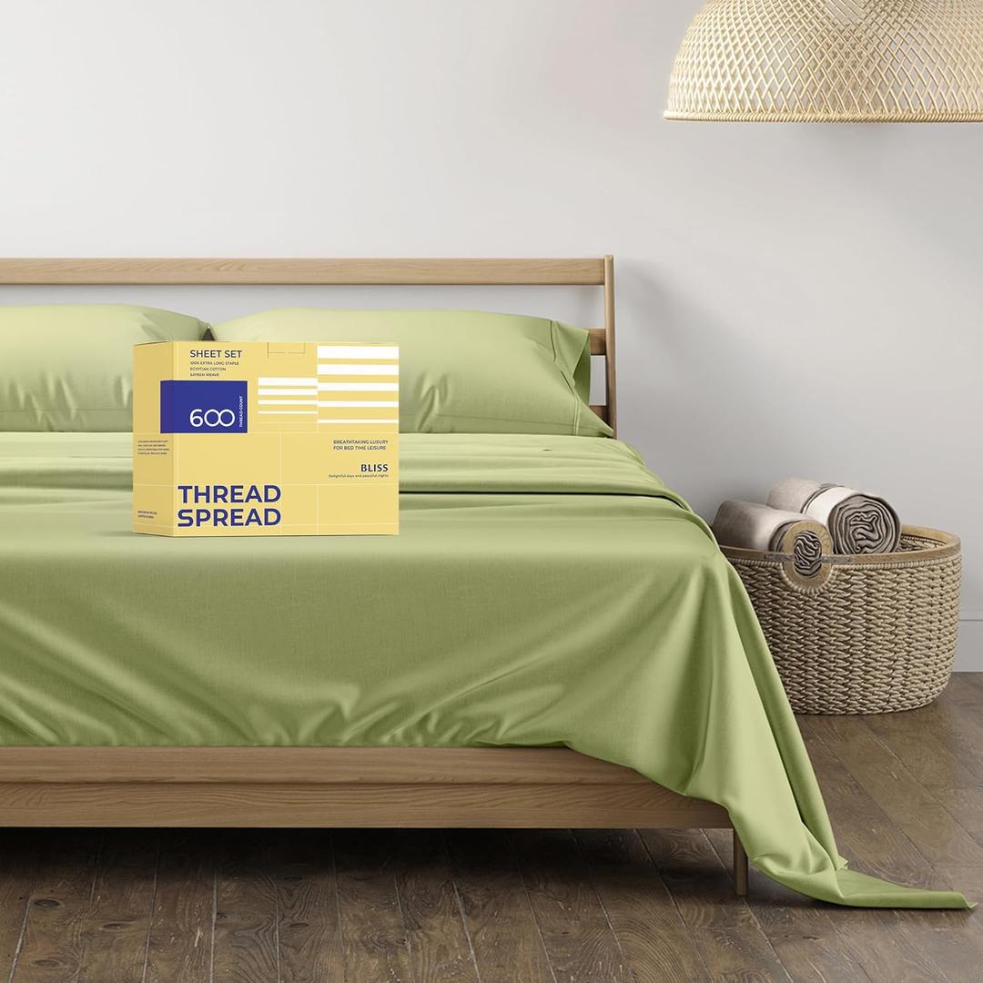 THREAD SPREAD 100% Egyptian Cotton Sheets Full Size - 600 Thread Count Sheets 4 PC 16" Deep Pocket Full Size Sheets Set, High Thread Count Cooling Sateen Weave Hotel Luxury Sheets Set - Sage Green
