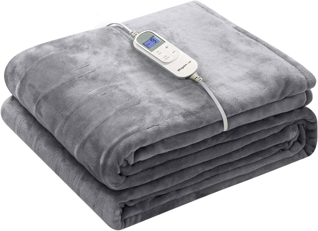 Wapaneus Heated Blanket Electric Throw 72" x 84" Full Size with 10 Heating Levels 12 Hours Time Setings and Auto-Shut Off, Flannel Fast-Heating Electric Blanket,Machine Washable,Light Grey