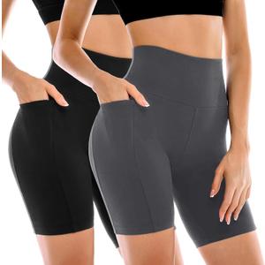 Leafigure 2 Pack Womens Biker Shorts with Pockets, High Waisted Yoga Shorts for Women Running Gym and Workout, L-XL