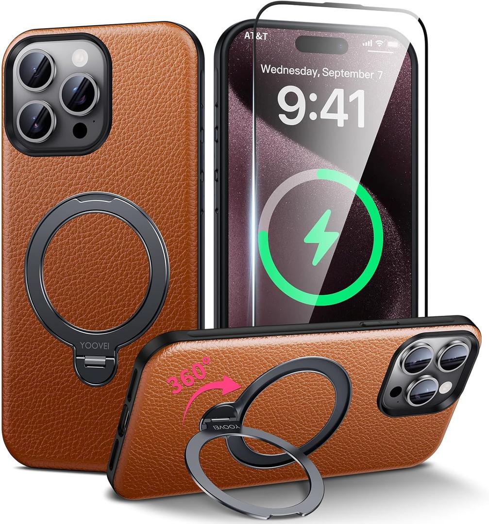 Leather Case for iPhone 15 Pro 6.1 inch, 360°Rotatable Magnetic Ring Stand, Built in Kickstand, for MagSafe, [Wireless Charging] Shockproof Phone Cases, Brown