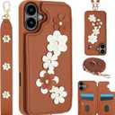 for iPhone 16 Wallet Case, Magnetic Snap Flip Leather Cover with Flower Design Credit Card Holder Stand WristbandiPhone 16 Protective Phone Case for Women