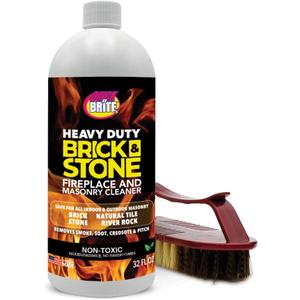 Quick'n Brite Fireplace Brick and Stone Cleaner 32oz with Scrub Brush - Natural Stone, Tile, and Marble Cleaner - Indoor Fireplace and Wood Stove Cleaning Kit - Pellet Stove Creosote Remover