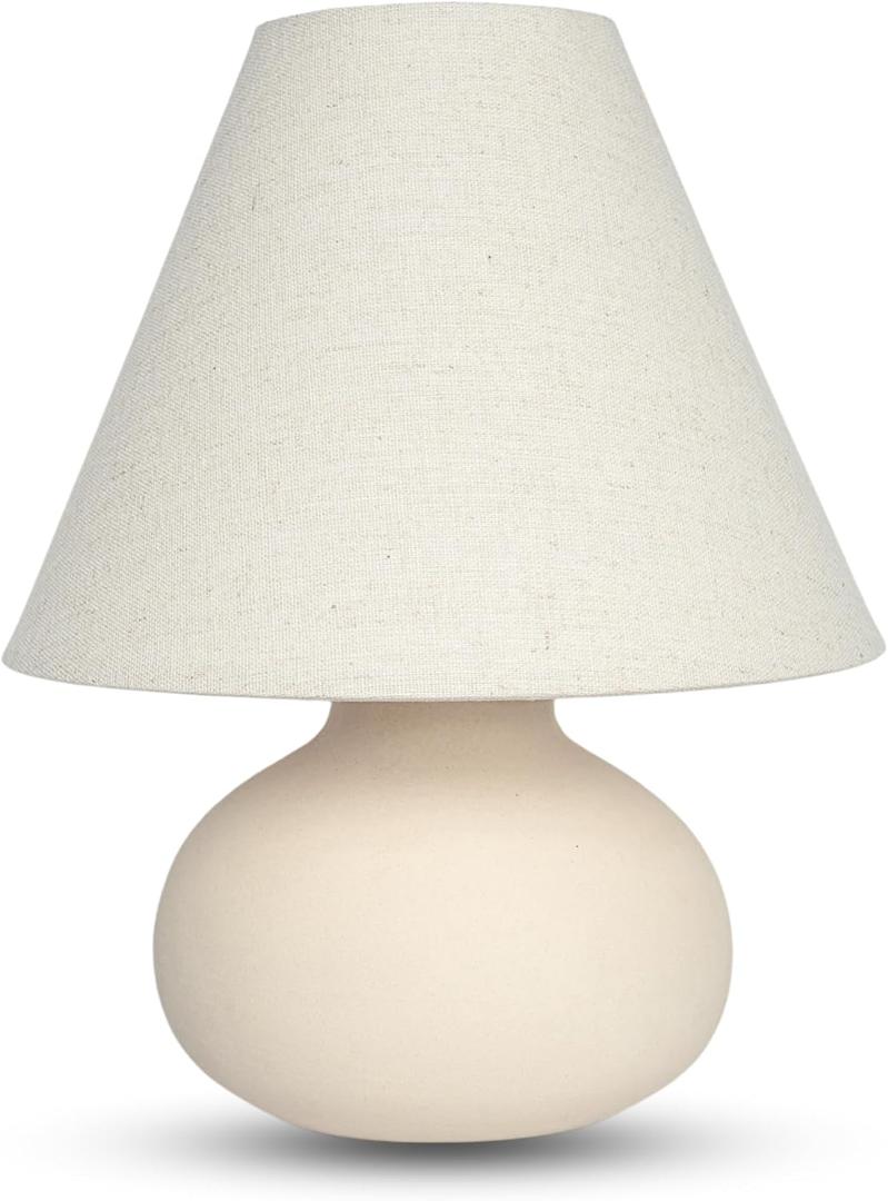 11" Small Table Lamp  Handmade Round Ceramic Cream Base with Off-White Fabric Shade, Dimmable Plug-in Nightstand or Accent Light  Organic Boho Japandi Decor for Bedroom or Small Spaces
