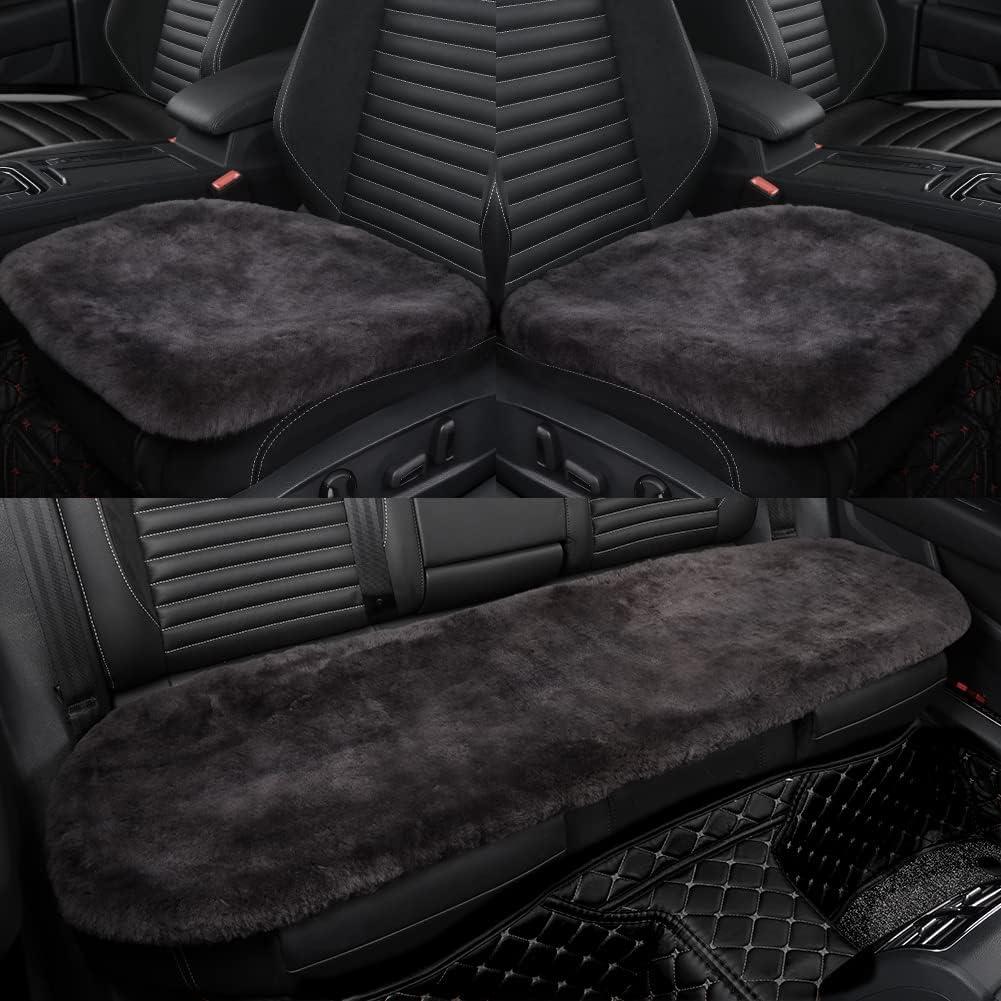 IRIWOOL Genuine Sheepskin Auto Seat Pad, Soft Wool Seat Cover Breathable and Sweat-Wicking Comfort Warm Universal Fit (Front seat Cushion 2pcs & Rear seat Cushion 1pc, Dark Grey)