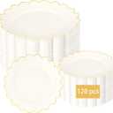 LIYH 120 Pcs Ivory Scalloped Plastic Plates Disposable - Ivory and Gold Plastic Plates - Gold Fancy Disposable Party Dinner & Dessert Plate for Wedding Birthday