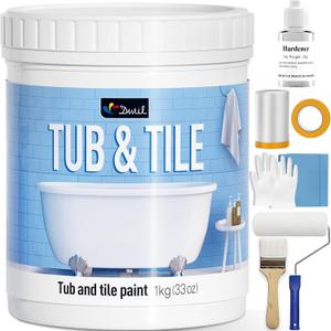 DWIL Tub and Tile Refinishing Kit, Quick-Dry Tile Paint for Wall & Floor, Sink Bathtub Paint for Bathroom, Kitchen, Toilets, Water Based, Semi-Gloss White, 50-55sq.ft, 33oz