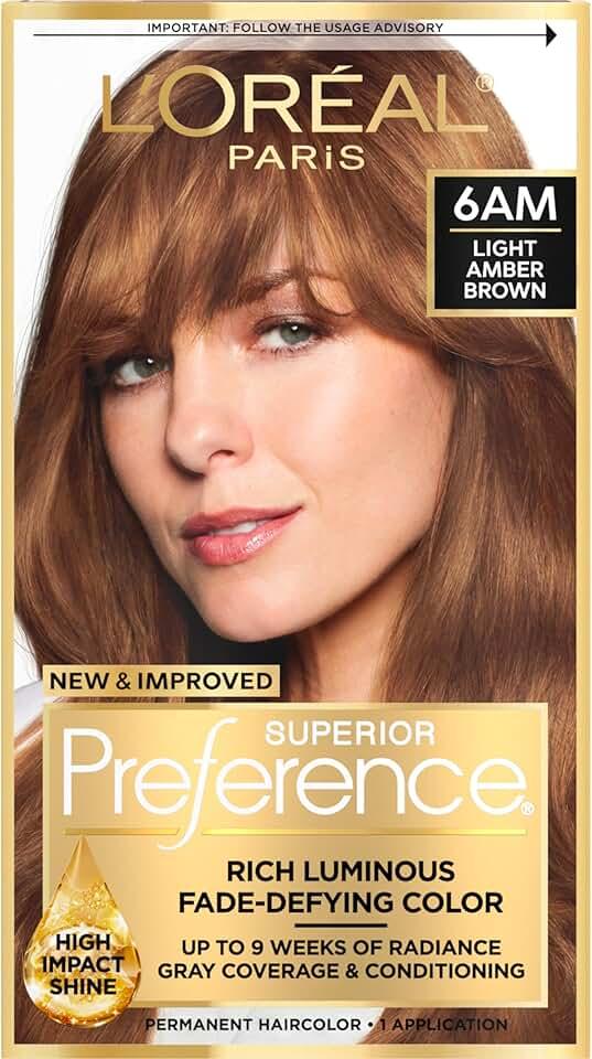 L'Oreal Paris Superior Preference Luminous Fade-Defying Permanent Hair Color, Hair Dye For Up to 9 Weeks of Radiance, Light Amber Brown 6AM, 1 Hair Dye Kit