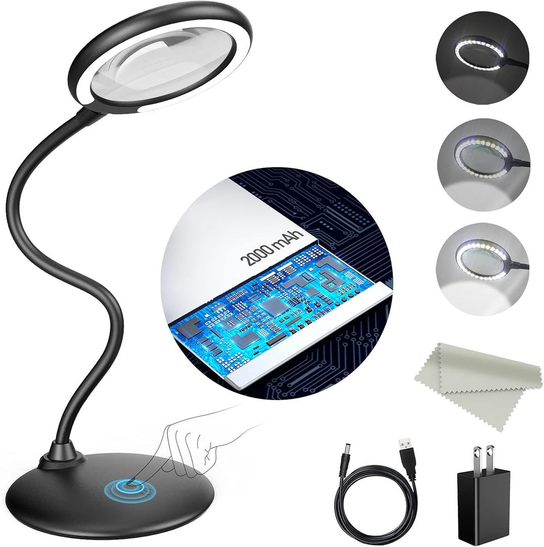 5X Rechargeable Magnifying Glass with Light and Stand, Raweao Dimmable Lighted Magnifying Lamp Glass for Reading, Close Work, Hobbies, Crafts