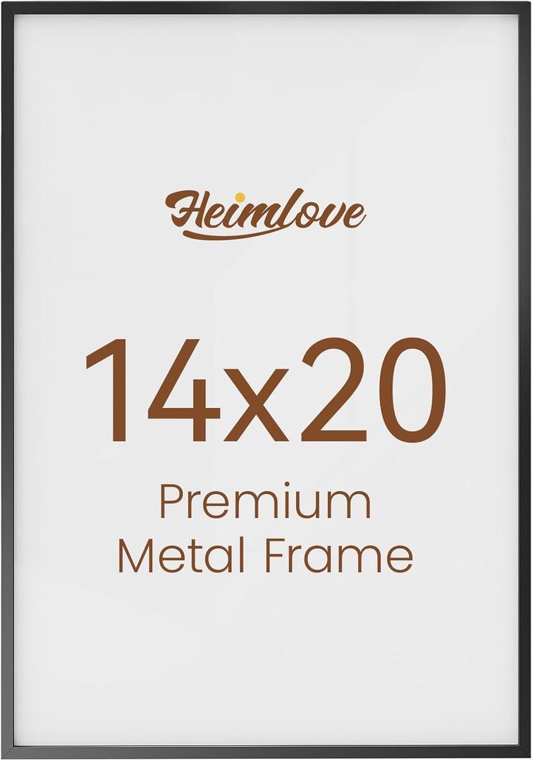 Heimlove 14x20 Metal Picture Frame,Black Aluminum Photo Frames-Real Tempered Glass,Wall Gallery Poster Puzzles Artwork frame Mounting Horizontally or Vertically Decor for Wall-1Pack