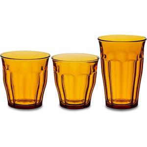 Duralex Made In France Picardie 18-Piece Glass Tumbler Drinking Set, Amber. Set includes (6 Units) 8-3/8 oz Tumblers; (6 Units) 10-3/8 oz Tumblers; (6 Units) 12-1/8 Tumblers