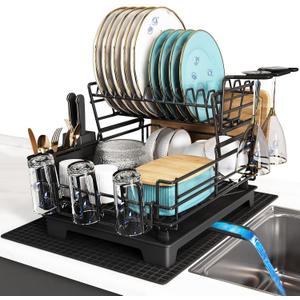 BOOSINY 2 Tier Black Large Stainless Steel Dish Drainers Drying Rack for Kitchen Counter with Drainboard, Rust Proof Metal, Space Saving, Modern Aesthetic, Compact Plates Strainers with Extra Mat