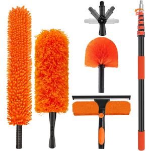 30FT High Reach Duster Cleaning Kit with 24FT Pole | 4-in-1 Tool Set with Universal Swivel Joint | High Ceiling Fan Cleaner, Microfiber Duster & Window Squeegee for Safe High-Reach Cleaning