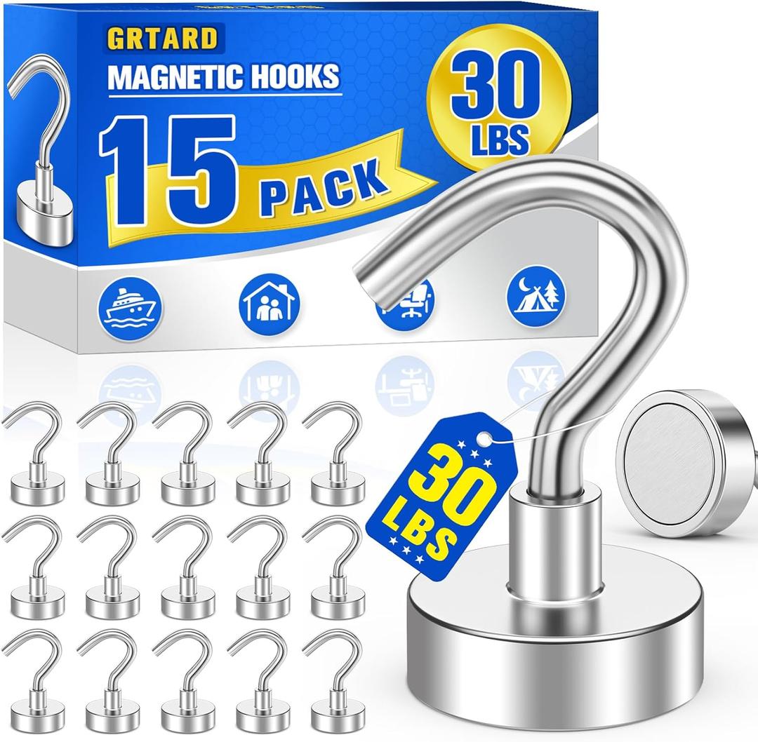 Grtard 15 Pack Magnetic Hooks Heavy Duty, 30LBS Strong Neodymium Magnet Hooks for Hanging, Strong Magnetic Hooks for Cruise, Magnet with Hooks for Fridge, Home, Kitchen, Industry, Workplace, Office (Silver)