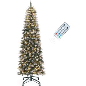 YITAHOME 6FT Pre-Decorated Pencil Christmas Tree w/Remote, Partially Flocked & Frosted Slim Prelit Artificial Hinged Xmas Tree w/ 618 Tips, 50 Pine Cones, 250 Warmwhite & Multi-Color Lights, 11 Modes
