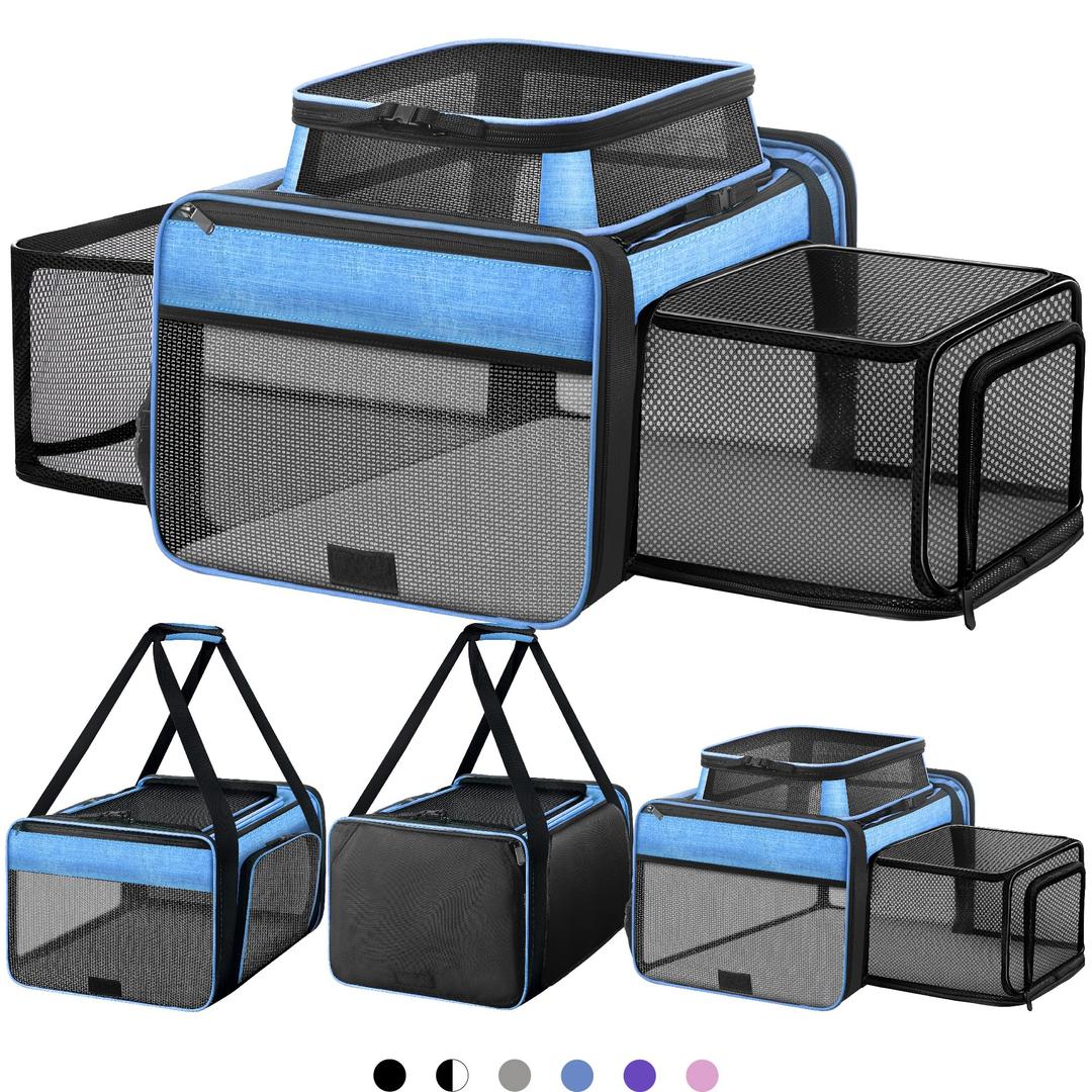Top and 2 Sides Expandable Pet Carrier 17x11x9.5, TSA Airline Approved Small Dog Carriers for Small Dogs, Soft-Sided Cat Carrier with Self-Locking Zippers for Kitten,Rabbit, Puppy, Guinea Pig Blue
