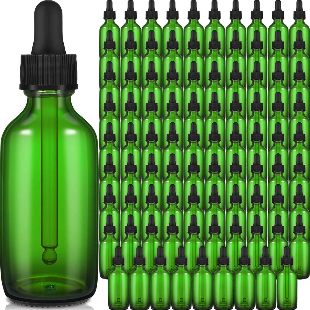 Epakh 100 Pack Glass Dropper Bottles, 2 oz Tincture Vials with Eye Droppers for Essential Oils, Liquids, Leakproof Travel Bottles (Green)