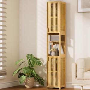 Amazer 70'' Tall Bathroom Storage Cabinet Bamboo, Slim Storage Cabinet with Rattan Door and Adjustable Shelves, Narrow Freestanding Organizer for Living Room, Kitchen, Natural Color