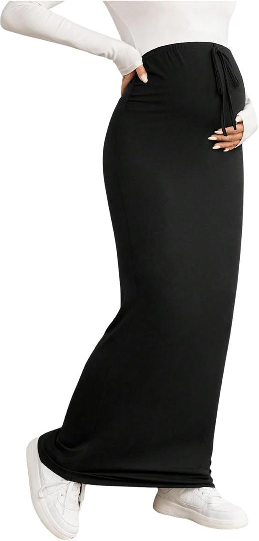 SHENHE Women's Maternity Skirt Knit Adjustable Waist Drawstring Maxi Skirt (Black, L)