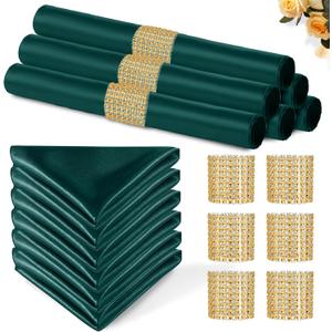 100 Pack Dark Green Satin Napkins and Napkin Rings Set, 12 x 12 Inch Silky Soft Cloth Napkins Set of 50, Square Satin Dinner Table Napkins Bulk for Wedding Banquet Graduation Party Decoration