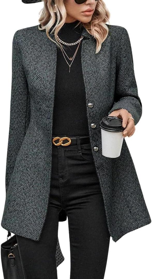 yoeasy Women's Stand Collar Single Breasted Pea Coat Casual Wool Blend Mid Long Trench Coat Winter Jackets (Large, Dark Grey)