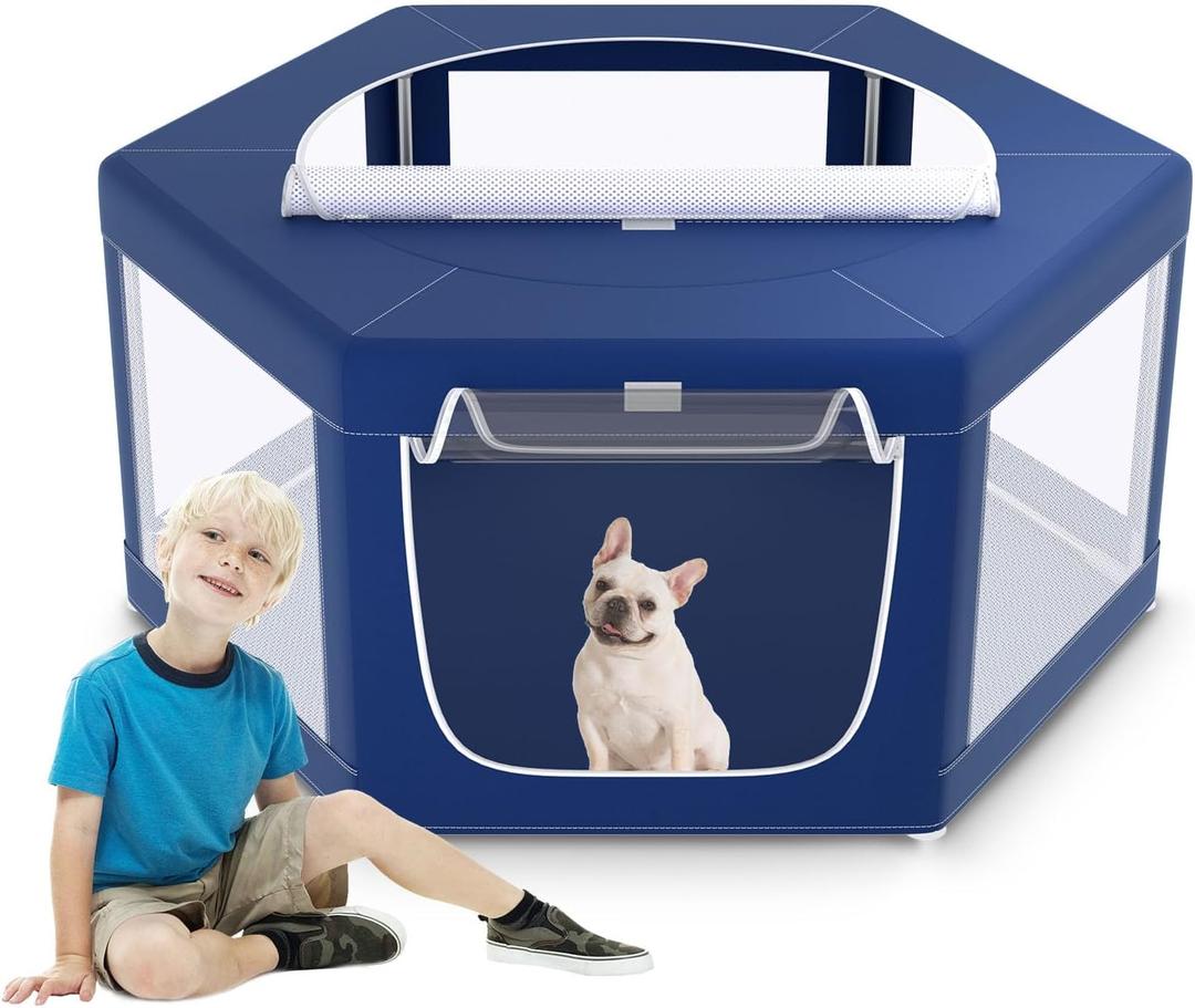 45x45 Inches Hexagonal Type Puppy Playpen, Dog Playpen for Puppies or Small Dogs, DogFence Pet Playpen for Indoor & Outdoor, Sturdy Safety Dog Pen with Thickened Fabric, Breathable Mesh (Blue)