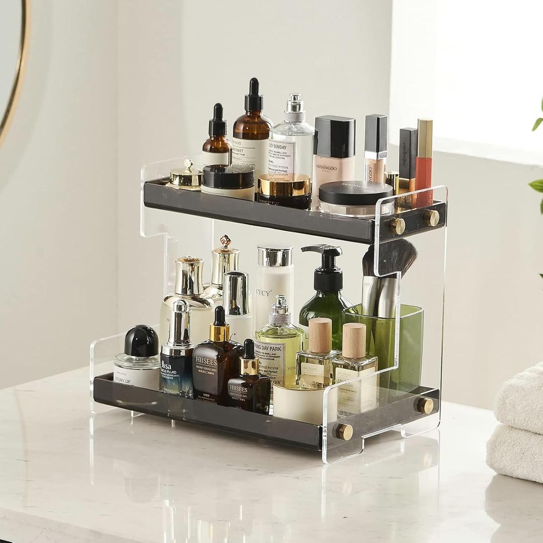 FFK Bathroom Organizer Countertop,2 Tier Bathroom Counter Organizer Kitchen Spice Rack Cosmetic Organizer,Countertop Storage Shelf for Bathroom, Kitchen, Living Room, Bedroom, Dressing Table (Acrylic, Black)
