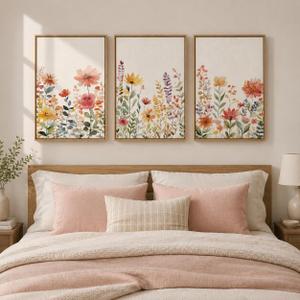Framed Watercolor Botanical Wall Art for Bedroom, 3 Piece Colorful Floral Canvas Artwork for Walls, Large Farmhouse Wildflower Flower Prints Paintings for Living Room Entryway Wall Decor 16x24 Inch