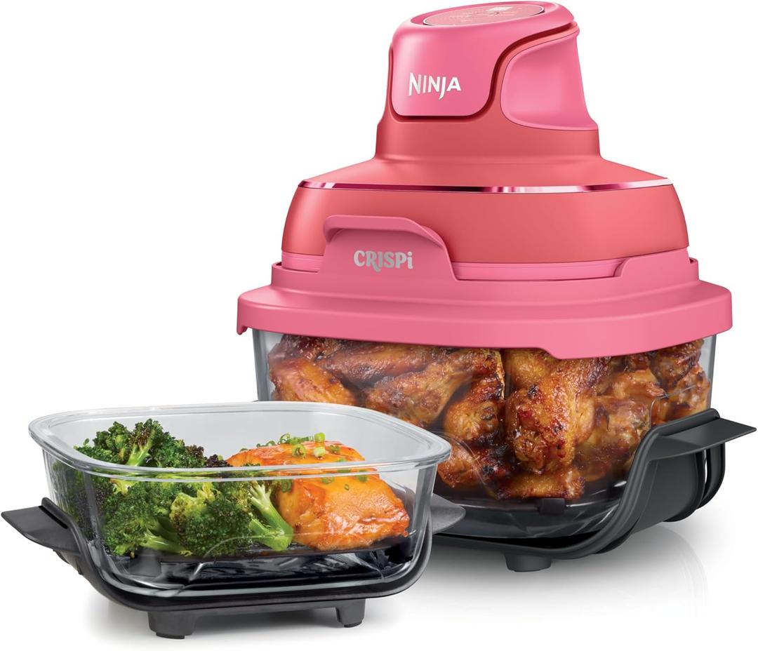 Ninja | Air Fryer | Crispi 4-in-1 Portable Cooking System | 4QT & 6 Cup Glass Containers, Crisper Plates & Storage Lids Included | Microwave, Freezer & Dishwasher Safe | Cherry Crush | FN101DR