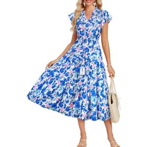 GRACE KARIN Womens Summer Floral Midi Dresses Short Sleeve Beach Wedding Guest Dress Drawstring Long Flowy Dress with Pockets (Large)