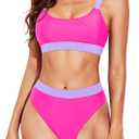 Tempt Me Women Two Piece High Waisted Bikini Swimsuits with Bottoms Teen Scoop Neck Sport Bathing Suits (M, Hot Pink Purple)