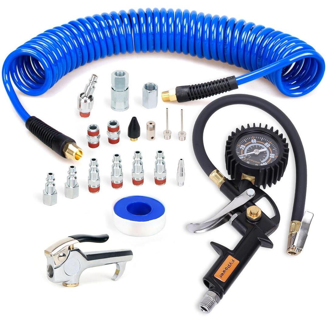 20 Pieces Air Compressor Accessories kit, 1/4 inch x 25 ft Recoil Poly Hose Kit, 1/4" NPT Quick Connect Air Fittings, Tire Inflator Gauge, Blow Gun, Swivel Plug, Blue PU Hose