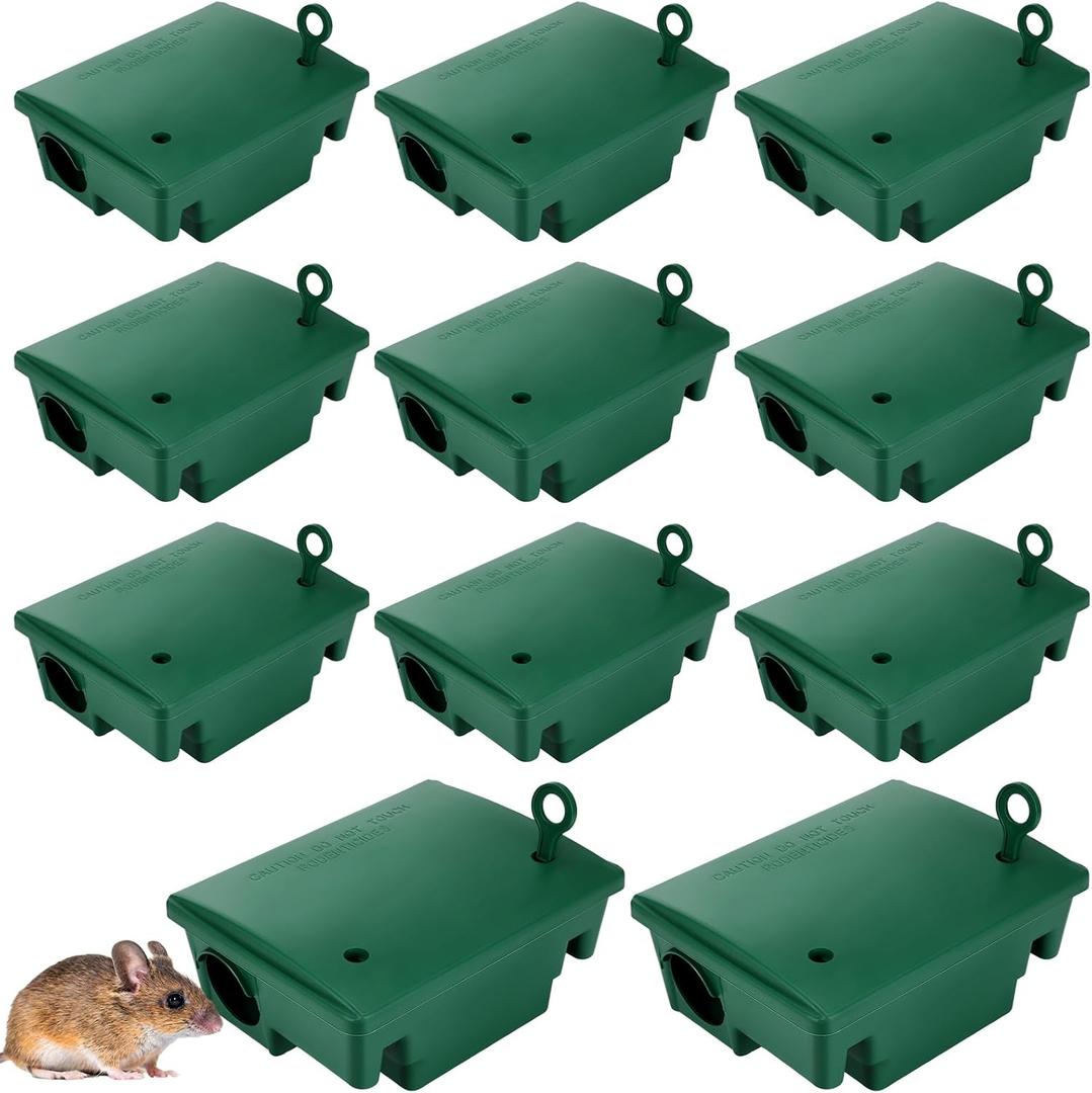Qualirey 12 Packs Rat Bait Stations Rodent Traps Outdoor Indoor, Green | Large Bait Boxes for Mice and Rats Mouse Traps Bulk, Lockable with Key, Keep Pets and Children Safe